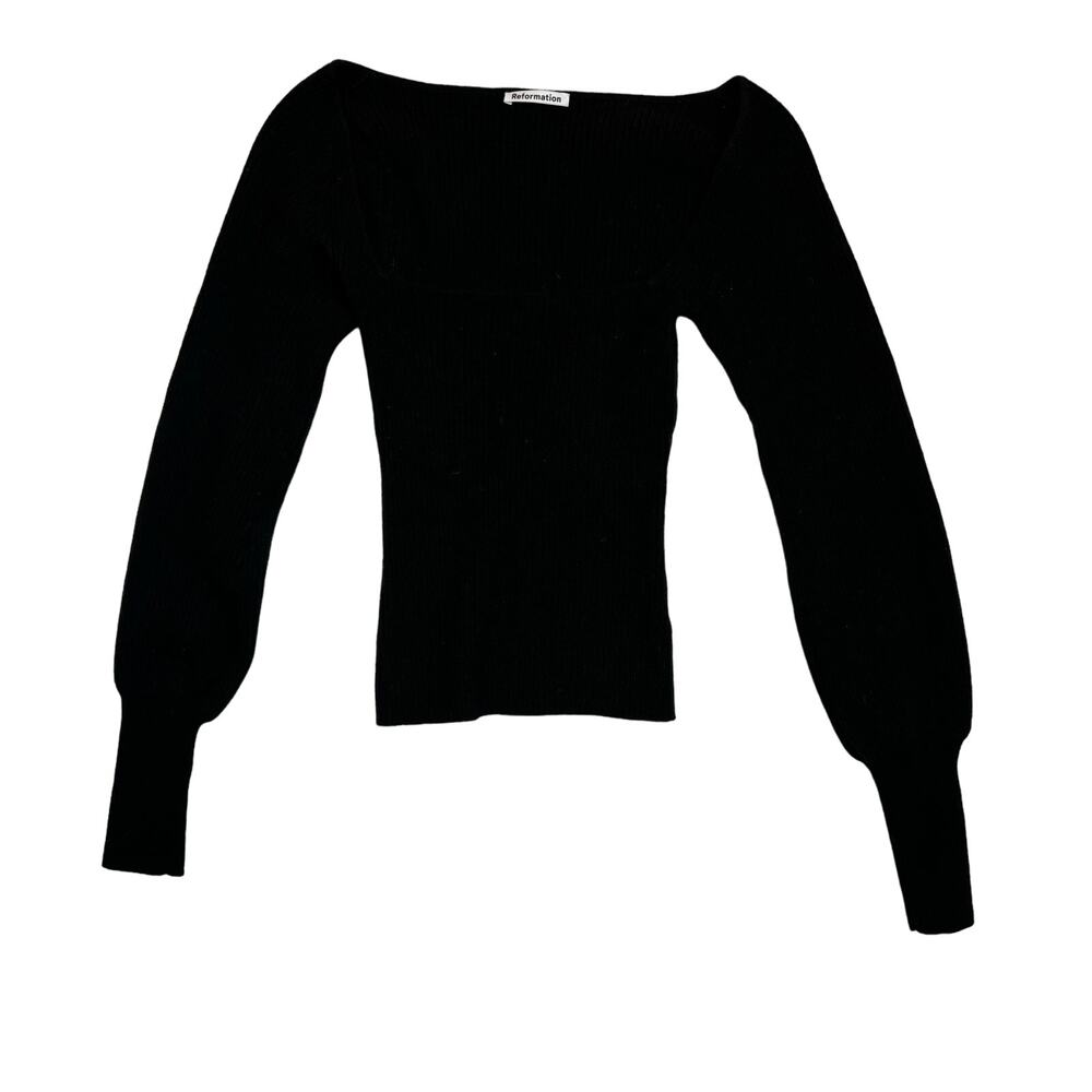 Reformation Black Ribbed Recycled Cashmere Sweater Balloon Sleeves XS